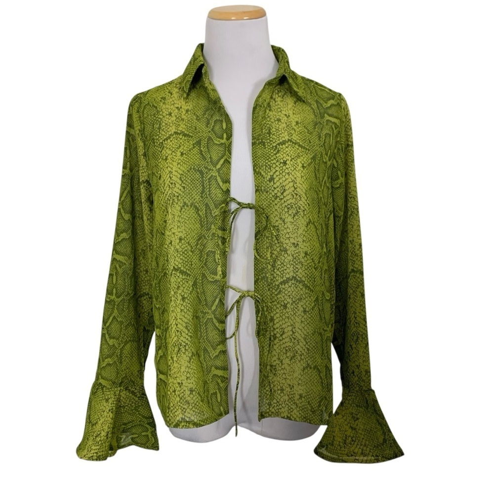 Nasty Gal Lime Green Snake Print Bell Sleeve Double Tie Blouse Womens 4 Silky